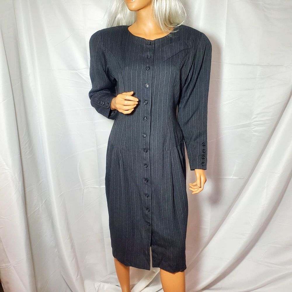 Vtg 90s Oleg Cassini Designer Pin-Striped Power Shirt Dress Wool Steel Gray 8 40